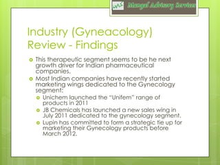 Industry (Gyneacology)
Review - Findings




This therapeutic segment seems to be he next
growth driver for Indian pharmaceutical
companies.
Most Indian companies have recently started
marketing wings dedicated to the Gynecology
segment:




Unichem launched the “Unifem” range of
products in 2011
JB Chemicals has launched a new sales wing in
July 2011 dedicated to the gynecology segment.
Lupin has committed to form a strategic tie up for
marketing their Gynecology products before
March 2012.

 