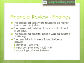 Financial Review - Findings






The projected sales were found to be higher
than could be justified
The projected debtors days was calculated
at 20 days.
The projected creditor period was calculated
at 60 days.
The sensitivity limits were found to be as
follows: 



Revenue – 30% (-ve)
Input cost (material) – 50% (+ve)
Marketing cost – Not Relevant

 