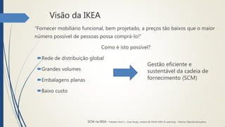Visão da IKEA
“Fornecer mobiliário funcional, bem projetado, a preços tão baixos que o maior
número possível de pessoas possa comprá-lo!”
Como é isto possível?
Rede de distribuição global
Grandes volumes
Embalagens planas
Baixo custo
Gestão eficiente e
sustentável da cadeia de
fornecimento (SCM)
SCM na IKEA- Trabalho final 1 – Case Study, módulo III, PGLM XXIV (E-Learning) - Patrícia Taborda Gonçalves
 
