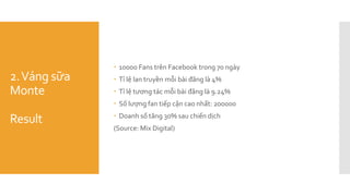 2.Váng sữa
Monte
Result
 10000 Fans trên Facebook trong 70 ngày
 Tỉ lệ lan truyền mỗi bài đăng là 4%
 Tỉ lệ tương tác mỗi bài đăng là 9.24%
 Số lượng fan tiếp cận cao nhất: 200000
 Doanh số tăng 30% sau chiến dịch
(Source: Mix Digital)
 