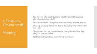 1.Close-up –
Tìm em nơi đâu
Planning
 Câu chuyện: Nếu người ấy là em, hãy liên lạc với tôi qua blog
360.yahoo.com/nam_le8x
 Câu chuyện nhanh chóng được viral quaYahoo,Youtube, Forum,..
 Close-up tận dụng dư luận để đưa ra thông điệp: “tự tin tìm kiếm
tình yêu”
 CloseUp tạo sân chơi cho các bản trẻ tương tác với thông điệp
bằng các cuộc thi Online
 Kết thúc chiến dịch bằng event “lễ hội tình nhân”
 