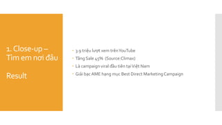 1.Close-up –
Tìm em nơi đâu
Result
 3.9 triệu lượt xem trênYouTube
 Tăng Sale 45% (Source:Climax)
 Là campaign viral đầu tiên tạiViệt Nam
 Giải bạc AME hạng mục Best Direct Marketing Campaign
 