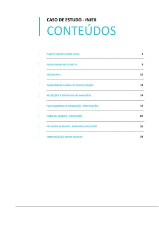 CONTEÚDOS
CASO DE ESTUDO - INJEX
DADOS SIMPLES SOBRE INJEX
PLATAFORMA MES KORTEX
INFOGRAFIA
PLATAFORMA GLOBAL DE DIGITALIZAÇÃO
RECEPÇÕES E ENTRADAS EM ARMAZÉM
PLANEAMENTO DE PRODUÇÃO : PREPARAÇÃO
CHÃO-DE-FÁBRICA : PRODUÇÃO
PRODUTO ACABADO : ARMAZÉM EXPEDIÇÃO
COMUNICAÇÃO ENTRE EQUIPAS
2
6
10
12
14
18
22
26
28
 