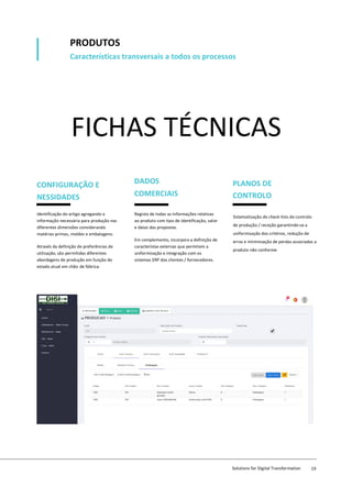 FICHAS TÉCNICAS
CONFIGURAÇÃO E
NESSIDADES
DADOS
COMERCIAIS
PLANOS DE
CONTROLO
Identificação do artigo agregando a
informação necessária para produção nas
diferentes dimensões considerando
matérias-primas, moldes e embalagens.
Através da definição de preferências de
utilização, são permitidas diferentes
abordagens de produção em função do
estado atual em chão de fábrica.
Registo de todas as informações relativas
ao produto com tipo de identificação, valor
e datas das propostas.
Em complemento, incorpora a definição de
característas externas que permitem a
uniformização e integração com os
sistemas ERP dos clientes / fornecedores.
Sistematização de check-lists de controlo
de produção / receção garantindo-se a
uniformização dos critérios, redução de
erros e minimização de perdas associadas a
produto não conforme.
Características transversais a todos os processos
PRODUTOS
Solutions for Digital Transformation 19
 