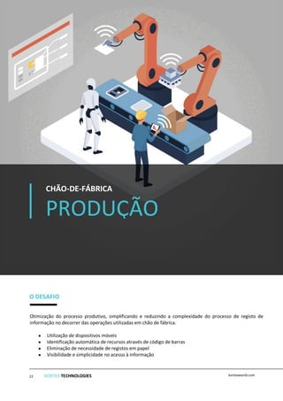 PRODUÇÃO
E
CHÃO-DE-FÁBRICA
Iºin
O DESAFIO
Otimização do processo produtivo, simplificando e reduzindo a complexidade do processo de registo de
informação no decorrer das operações utilizadas em chão de fábrica.
• Utilização de dispositivos móveis
• Identificação automática de recursos através de código de barras
• Eliminação de necessidade de registos em papel
• Visibilidade e simplicidade no acesso à informação
KORTEX TECHNOLOGIES kortexworld.com22
 
