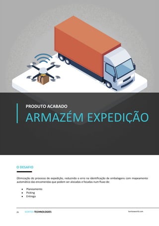 ARMAZÉM EXPEDIÇÃO
E
PRODUTO ACABADO
Iºin
O DESAFIO
Otimização do processo de expedição, reduzindo o erro na identificação de embalagens com mapeamento
automático das encomendas que podem ser alocadas e focadas num fluxo de:
• Planeamento
• Picking
• Entrega
KORTEX TECHNOLOGIES kortexworld.com26
 