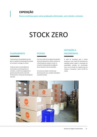 STOCK ZERO
PLANEAMENTO PICKING
AFETAÇÃO A
ENCOMENDAS
O planeamento de expedições permite
gerar os pedidos de preparação de produto
em armazém a entregar ao cliente.
Tendo por base as necessidades de
encomendas e stock disponível em
armazém, a ordem de carregamento é
gerada automaticamente reduzindo
drasticamente o tempo de intervenção do
operador.
Com uma ordem de carregamento gerada e
através de dispositivos móveis, processa-se
a identificação de produto a enviar no
armazém tirando partido do código de
barras alocado na fase de produção.
Um processo simples e intuitivo que
permite garantir que o produto solicitado é
o produto enviado.
A saída de mercadoria para o cliente
processa-se com o fecho do movimento de
expedição dando origem à atualização de
quantidades enviadas em encomendas
assim como emissão da respetiva guia de
remessa / transporte a partir do ERP do
cliente.
EXPEDIÇÃO
Busca contínua para uma produção otimizada, sem stocks e atrasos
Solutions for Digital Transformation 27
 