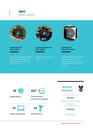 INJEX
Factos e números
QUADRO TÉCNICO
ESPECIALIZADO
CAPACIDADE INSTALADA
AREA COBERTA
DIGITALIZAÇÃO
CONTROLO E RIGOR
Suportado na integração de máquinas
de última geração e colaboradores
com elevada experiência e formação
(técnica / superior).
Uma área coberta de 750 m2 em
expansão.
Visão e foco de melhoria contínua na
sistematização de processos,
organização de espaços de trabalho,
redução de custos / stocks e tempos
de entrega.
30
13
24/7
33
NOSSOS
PRÉMIOS
Colaboradores
Células de Produção
Funcionamento
contínuo de produção
Clientes Ativos
PME Líder
Certificação
Robustez e Desempenho
Financeiro
ISO9001:2015
Solutions for Digital Transformation 3
 