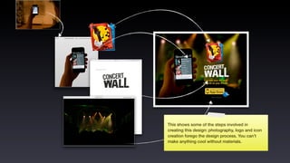 This shows some of the steps involved in
creating this design: photography, logo and icon
creation forego the design process. You can’t
make anything cool without materials.
 