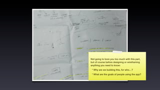 Not going to bore you too much with this part,
but of course before designing or wireframing
anything you need to know:
 * Why are we building this, for who…?
 * What are the goals of people using the app?
 