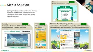 Media	Solution	
Creating	a	media	plan	with	a	combination	of	various	
advertising	and	PR	formats	to	best	promote	the	
campaign	on	Admicro’s ad	network,	and	attract	
traffics	to	microsite.
Balloon	 Ad
Promote	 microsite-based	 activities.
BoxApp PR	Solutions	 (PR	articles,	Adpage,	Viewplus)
Approach	 target	audiences	effectively	by	providing	 useful,	emotional	 and	
entertaining	 content,	 also	communicating	 the	campaign’s	message	clearer.
TVC	Online
Leverage	the	effectiveness	of	TVC	aired	on	TV	and	in	
cinema	by	promoting	 it	online	to	reach	more	
audiences.
Natively	promote	 the	
site’s	content.
See Demo
See Demo See Demo See Demo
15
 