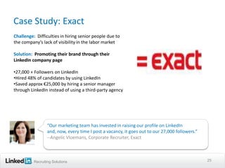 Case Study: Exact
Challenge: Difficulties in hiring senior people due to
the company’s lack of visibility in the labor market

Solution: Promoting their brand through their
LinkedIn company page

•27,000 + Followers on LinkedIn
•Hired 48% of candidates by using LinkedIn
•Saved approx €25,000 by hiring a senior manager
through LinkedIn instead of using a third-party agency




                 “Our marketing team has invested in raising our profile on LinkedIn
                 and, now, every time I post a vacancy, it goes out to our 27,000 followers.”
                 --Angelic Vloemans, Corporate Recruiter, Exact



          Recruiting Solutions                                                                  25
 