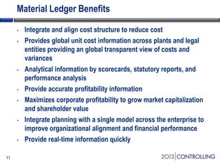Material Ledger Benefits
•
•

•

•
•

•

•

11

Integrate and align cost structure to reduce cost
Provides global unit cost information across plants and legal
entities providing an global transparent view of costs and
variances
Analytical information by scorecards, statutory reports, and
performance analysis
Provide accurate profitability information
Maximizes corporate profitability to grow market capitalization
and shareholder value
Integrate planning with a single model across the enterprise to
improve organizational alignment and financial performance
Provide real-time information quickly

 