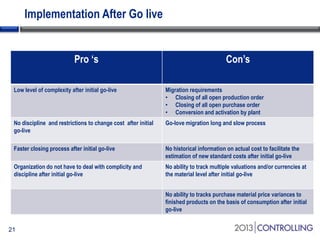 Implementation After Go live

Pro ‘s

Con’s

Low level of complexity after initial go-live

Migration requirements
• Closing of all open production order
• Closing of all open purchase order
• Conversion and activation by plant

No discipline and restrictions to change cost after initial
go-live

Go-love migration long and slow process

Faster closing process after initial go-live

No historical information on actual cost to facilitate the
estimation of new standard costs after initial go-live

Organization do not have to deal with complicity and
discipline after initial go-live

No ability to track multiple valuations and/or currencies at
the material level after initial go-live
No ability to tracks purchase material price variances to
finished products on the basis of consumption after initial
go-live

21

 