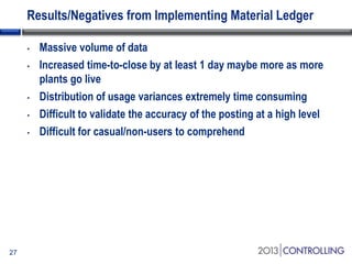 Results/Negatives from Implementing Material Ledger
•
•

•
•
•

27

Massive volume of data
Increased time-to-close by at least 1 day maybe more as more
plants go live
Distribution of usage variances extremely time consuming
Difficult to validate the accuracy of the posting at a high level
Difficult for casual/non-users to comprehend

 