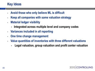 Key Ideas
•
•
•

•
•
•

45

Avoid those who only believe ML is difficult
Keep all companies with same valuation strategy
Material ledger visibility
• Integrated across multiple level and company codes
Variances included in all reporting
One time change management
Value quantities of inventories with three different valuations
• Legal valuation, group valuation and profit center valuation

 