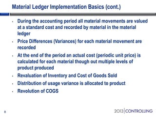 Material Ledger Implementation Basics (cont.)
•

•

•

•
•
•

8

During the accounting period all material movements are valued
at a standard cost and recorded by material in the material
ledger
Price Differences (Variances) for each material movement are
recorded
At the end of the period an actual cost (periodic unit price) is
calculated for each material though out multiple levels of
product produced
Revaluation of Inventory and Cost of Goods Sold
Distribution of usage variance is allocated to product
Revolution of COGS

 