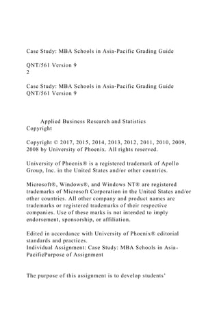 Case Study: MBA Schools in Asia-Pacific Grading Guide
QNT/561 Version 9
2
Case Study: MBA Schools in Asia-Pacific Grading Guide
QNT/561 Version 9
Applied Business Research and Statistics
Copyright
Copyright © 2017, 2015, 2014, 2013, 2012, 2011, 2010, 2009,
2008 by University of Phoenix. All rights reserved.
University of Phoenix® is a registered trademark of Apollo
Group, Inc. in the United States and/or other countries.
Microsoft®, Windows®, and Windows NT® are registered
trademarks of Microsoft Corporation in the United States and/or
other countries. All other company and product names are
trademarks or registered trademarks of their respective
companies. Use of these marks is not intended to imply
endorsement, sponsorship, or affiliation.
Edited in accordance with University of Phoenix® editorial
standards and practices.
Individual Assignment: Case Study: MBA Schools in Asia-
PacificPurpose of Assignment
The purpose of this assignment is to develop students’
 
