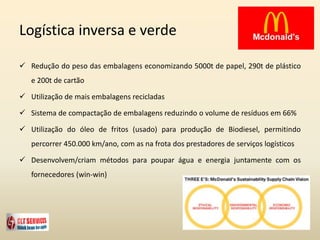 Logística inversa e verde
 Redução do peso das embalagens economizando 5000t de papel, 290t de plástico
e 200t de cartão
 Utilização de mais embalagens recicladas
 Sistema de compactação de embalagens reduzindo o volume de resíduos em 66%
 Utilização do óleo de fritos (usado) para produção de Biodiesel, permitindo
percorrer 450.000 km/ano, com as na frota dos prestadores de serviços logísticos
 Desenvolvem/criam métodos para poupar água e energia juntamente com os
fornecedores (win-win)
 