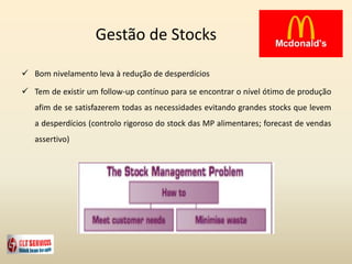 Gestão de Stocks
 Bom nivelamento leva à redução de desperdícios
 Tem de existir um follow-up contínuo para se encontrar o nível ótimo de produção
afim de se satisfazerem todas as necessidades evitando grandes stocks que levem
a desperdícios (controlo rigoroso do stock das MP alimentares; forecast de vendas
assertivo)
 