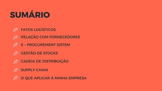 SUMÁRIO
FATOS LOGÍSTICOS
RELAÇÃO COM FORNECEDORES
E – PROCUREMENT SISTEM
GESTÃO DE STOCKS
CADEIA DE DISTRIBUIÇÃO
SUPPLY CHAIN
O QUE APLICAR À MINHA EMPRESA
 