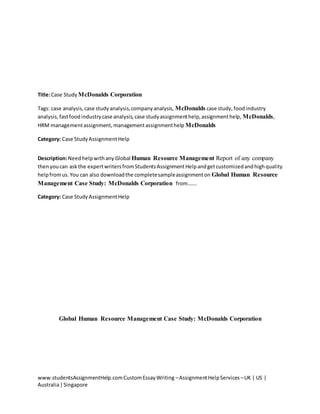 Case study mc donalds corporation | PDF