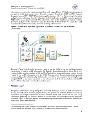 Social Security Administration (SSA)


information request to the treating source along with a signed Form 827. Following this request,
Specialized Advisory and Assistance Services (SAAS)


the patient health information moves from the provider through the NHIN to SSA’s National
Computer System. SSA’s MEGAHIT application applies business rules 14 to the incoming information
and performs preliminary disability allegation analysis and subsequent DDS examiner guidance.
Additionally, SSA’s system converts this information into a SSA-standardized human readable
document, and places this information into the claimant’s electronic folder for access by a DDS
examiner who further evaluates the claim for disability determination.

(source: SSA)
Figure 2. Information flow from application to provider and back to DDS examiners
 Figure x. Information flow from application to provider and back to DDS examiners.
                                             (source: SSA)




The goal of this limited production project was to use the NHIN for secure and interoperable
transmission of patient health information for disability determination. In so doing, this project
represented the coming together of SSA and MedVirginia in a unique authorized request for and
receipt of live health information over the NHIN. This case study documents the challenges and
successes of this effort. Additionally, it illuminates some of the considerations for moving forward
using the NHIN as the transport vehicle in the submission of electronic medical evidence to SSA
from an HIE or other such provider of medical evidence.


Methodology

The project utilized case study design to understand challenges, successes, and considerations
moving forward across technical, organizational, and governance domains. Within each domain,
exploration of multiple dimensions ensured sufficient depth and breadth in the case study
information gathering and analysis. Metrics of success within and across the domains were also
examined. Figure 3 illustrates the case study methodology and Figure 4 illustrates the domains and
dimensions within the framework.


14 Business
          rules are a predictable and traceable process of matching newly acquired health data against
predetermined criteria (a set of listings) to generate new knowledge or information [5].

                                                                                                         8
 