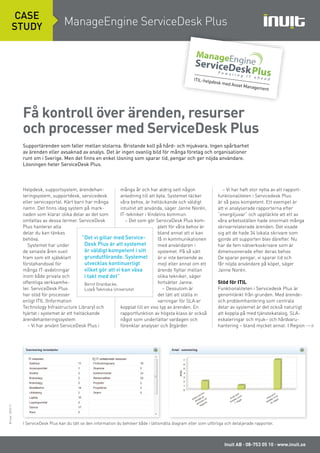 Få kontroll över ärenden, resurser
och processer med ServiceDesk Plus
Supportärenden som faller mellan stolarna. Bristande koll på hård- och mjukvara. Ingen spårbarhet
av ärenden eller avsaknad av analys. Det är ingen ovanlig bild för många företag och organisationer
runt om i Sverige. Men det finns en enkel lösning som sparar tid, pengar och ger nöjda användare.
Lösningen heter ServiceDesk Plus.
Helpdesk, supportsystem, ärendehan-
teringsystem, supportdesk, servicedesk
eller serviceportal. Kärt barn har många
namn. Det finns idag system på mark-
naden som klarar olika delar av det som
omfattas av dessa termer. ServiceDesk
Plus hanterar alla
delar du kan tänkas
behöva.
Systemet har under
de senaste åren vuxit
fram som ett självklart
förstahandsval för
många IT-avdelningar
inom både privata och
offentliga verksamhe-
ter. ServiceDesk Plus
har stöd för processer
enligt ITIL (Information
Technology Infrastructure Library) och
hjärtat i systemet är ett heltäckande
ärendehanteringssystem
– Vi har använt ServiceDesk Plus i
många år och har aldrig sett någon
anledning till att byta. Systemet täcker
våra behov, är heltäckande och väldigt
intuitivt att använda, säger Janne Norén,
IT-tekniker i Vindelns kommun.
– Det som gör ServiceDesk Plus kom-
plett för våra behov är
bland annat att vi kan
få in kommunikationen
med användaren i
systemet. På så sätt
är vi inte beroende av
mejl eller annat om ett
ärende flyttar mellan
olika tekniker, säger
fortsätter Janne.
– Dessutom är
det lätt att ställa in
varningar för SLA:er
kopplat till en viss typ av ärenden. En
rapportfunktion av högsta klass är också
något som underlättar vardagen och
förenklar analyser och åtgärder.
– Vi har haft stor nytta av att rapport­
funktionaliteten i Servicedesk Plus
är så pass kompetent. Ett exempel är
att vi analyserade rapporterna efter
”energi­tjuvar” och upptäckte att ett av
våra arbetsställen hade onormalt många
skrivarrelaterade ärenden. Det visade
sig att de hade 34 lokala skrivare som
gjorde att supporten blev därefter. Nu
har de fem nätverksskrivare som är
dimensionerade efter deras behov.
De sparar pengar, vi sparar tid och
får nöjda användare på köpet, säger
Janne Norén.
Stöd för ITIL
Funktionaliteten i Servicedesk Plus är
genomtänkt från grunden. Med ärende–
och problemhantering som centrala
delar av systemet är det också naturligt
att koppla på med tjänstekatalog, SLA-
eskaleringar och mjuk– och hårdvaru-
hantering – bland mycket annat. I Region
I ServiceDesk Plus kan du lätt se den information du behöver både i lättsmälta diagram eller som utförliga och detaljerade rapporter.
inuit | white paper | juli 2012
är så pass kompetent. Ett exempel är
att vi analyserade rapporterna efter
”energitjuvar” och upptäckte att ett
av våra arbetsställen hade onormalt
många skrivarelaterade ärenden. Det
visade sig att de hade 34 lokala skri-
vare som gjorde att supporten blev
därefter. Nu har de fem nätverks-
skrivare som är dimensionerade
efter deras behov. De sparar pengar,
vi sparar tid och får nöjda användare
på köpet, säger Janne Norén.
Stöd för ITIL
Funktionaliteten i Servicedesk Plus
är genomtänkt från grunden. Med
ärende- och problemhantering som
centrala delar av systemet är det
också naturligt att koppla på med
tjänstekatalog, SLA-eskaleringar och
mjuk- och hårdvaruhantering – bland
mycket annat. I Region Halland an-
vänder man i princip alla funktioner
i Servicedesk Plus. Henrik Ljungberg
som är IT-controller berättar:
– Vi jobbar med ITIL, ett ramverk
för hur man bäst sköter det dagliga
flödet av ärenden, ekonomiska flöden
och transaktioner. En av de proces-
ser i ITIL som vi hade på plats när vi
gjorde vår kravspec för ett ärende-
system var det som kallas incidents-
processen. Servicedesk hade stöd för
ITIL och vi hade inte råd eller tid att
köpa en produkt som vi sedan skulle
anpassa. Servicedesk var färdig för
våra behov – out of the box.
Sedan dess har Region Halland
kommit igång med flera ITIL-proces-
ser. Bland annat problem-, föränd-
rings- och ”release”-processerna. Alla
finns med i Servicedesk Plus.
Relationer med CMDB
På Luleå Tekniska Universitet (LTU)
har man använt Servicedesk i tre år.
Även här är IT-avdelningens proces-
ser byggda enligt ITIL.
– Det vi gillar med Servicedesk
är att systemet är väldigt kompe-
tent i sitt grundutförande. Systemet
utvecklas kontinuerligt vilket gör att
vi kan växa i takt med det, berättar
Bernt Granbacke som är IT-tekniker
på LTU.
För en IT-avdelning är det A och
O att ha koll på både hård- och
mjukvara. Med Servicedesk blir det
enklare. Här finns både inventarie-
hantering och mjukvaruhantering
med funktionalitet som gör vilken
IT-tekniker som helst lycklig. Om du
till detta lägger möjligheten att hålla
koll på alla avtal med både externa
och interna leverantörer med auto-
matisk bevakning minskar risken för
misslyckade affärer.
– Vi har precis fått den senaste
versionen av SD+ som nu dessutom
innehåller en konfigurationsdatabas
(CMDB). Med den får vi en hierar-
kisk struktur över alla tjänster vi har
- från servrar till datatjänster. Det
blir också tydligt vilka relationer som
finns mellan alla ”assets” och då blir
det lätt att se vad som påverkas om
en server går ner. Det är bra både vid
förändring och när något oplanerat
händer, säger Bernt.
Lätt för användare och kund
ServiceDesks ansikte utåt är en web-
baserad användarportal. Här kan
du själv välja att publicera ut hela
kunskapsdatabasen eller ”bara” låta
användarna registrera supportären-
den. Det finns också välutvecklade
API:er som gör att du kan bygga egna
webbformulär för att underlätta för
slutanvändaren.
– Det gör att du kan registrera
ärenden från ett intranät eller lik-
nande. Det är väldigt bra om man
inte vill släppa in användare i själva
systemet men ändå använda Service-
Desk som kommunikationscentral,
konstaterar Bernt Granbacke.
“
Det vi gillar med Servicedesk är att
systemet är väldigt kompetent i sitt
grundutförande. Systemet utvecklas
kontinuerligt vilket gör att vi kan
växa i takt med det.
Bernt Granbacke,
Luleå Tekniska Universitet
Svensk distributör
I ServiceDesk kan du lätt se den information du behöver både i lättsmälta diagram eller som utförliga och detaljerade rapporter.
”Det vi gillar med Service-
Desk Plus är att systemet
är väldigt kompetent i sitt
grundutförande. Systemet
utvecklas kontinuerligt
vilket gör att vi kan växa 
i takt med det”
Bernt Granbacke,
Luleå Tekniska Universitet
Inuit AB · 08-753 05 10 · www.inuit.se
ManageEngine ServiceDesk Plus
Case
study
ITIL-helpdesk med Asset Management
©Inuit·2012-11
 