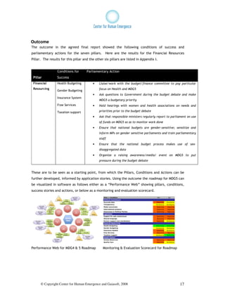 Outcome
The outcome in the agreed final report showed the following conditions of success and
parliamentary actions for the seven pillars.       Here are the results for the Financial Resources
Pillar. The results for this pillar and the other six pillars are listed in Appendix I.


                 Conditions for       Parliamentary Action
 Pillar          Success
 Financial       Health Budgeting         •   Liaise/work with the budget/finance committee to pay particular
 Resourcing                                   focus on Health and MDG5
                 Gender Budgeting
                                          •   Ask questions to Government during the budget debate and make
                 Insurance System
                                              MDG5 a budgetary priority
                 Free Services            •   Hold hearings with women and health associations on needs and

                 Taxation support             priorities prior to the budget debate
                                          •   Ask that responsible ministers regularly report to parliament on use
                                              of funds on MDG5 so as to monitor work done
                                          •   Ensure that national budgets are gender-sensitive; sensitize and
                                              inform MPs on gender sensitive parliaments and train parliamentary
                                              staff
                                          •   Ensure that the national budget process makes use of sex-
                                              disaggregated data
                                          •   Organize a raising awareness/media/ event on MDG5 to put
                                              pressure during the budget debate


These are to be seen as a starting point, from which the Pillars, Conditions and Actions can be
further developed, informed by application stories. Using the outcome the roadmap for MDG5 can
be visualized in software as follows either as a “Performance Web” showing pillars, conditions,
success stories and actions, or below as a monitoring and evaluation scorecard.
                                                 Pillar > Condition                    Mar           Apr
                                                 Political Commitment
                                                 Accurate data                         Beginning   Developing
                                                 Transparency                         Developing   Developing
                                                 Media awareness                       Beginning    Beginning
                                                 International pressure                Beginning    Beginning
                                                 Awareness in Political Parties        Beginning    Beginning
                                                 Legislation
                                                 Support for safe motherhood           Beginning    Beginning
                                                 Shared language                       Beginning    Beginning
                                                 Partner support and coordination      Beginning   Developing
                                                 Financial Resourcing
                                                 Health Budgeting                     Performing   Performing
                                                 Gender Budgeting                     Developing   Developing
                                                 Insurance System                      Beginning   Developing
                                                 Free Services                         Beginning    Beginning
                                                 Taxation support                     Developing   Performing
                                                 Health System
                                                 Human Resources                       Beginning    Beginning
                                                 Quality Care                          Beginning   Developing
                                                 Reproductive Health Rights           Developing   Developing

Performance Web for MDG4 & 5 Roadmap             Monitoring & Evaluation Scorecard for Roadmap




      © Copyright Center for Human Emergence and Gaiasoft, 2008                                                 17
 