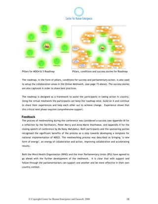 Pillars for MDG4 & 5 Roadmap                  Pillars, conditions and success stories for Roadmap


The roadmap, in the form of pillars, conditions for success and parliamentary action, is also used
to setup the collaboration areas in the Online Meshwork, (see page 15 above). The success stories
are also captured in order to share best practices.


The roadmap is designed as a framework to assist the participants in taking action in country.
Using the virtual meshwork the participants can keep the roadmap alive, build on it and continue
to share their experiences and help each other out to achieve change. Experience shows that
this critical next phase requires comprehensive support.


Feedback
The process of meshworking during the conference was considered a success (see Appendix III for
a reflection by the facilitators, Peter Merry and Anne-Marie Voorhoeve, and Appendix II for the
closing speech of conference by Ms Daisy Mafubelu). Both participants and the sponsoring parties
recognised the significant benefits of the process as a step towards developing a template for
national implementation of MDG5. The meshworking process was described as bringing ‘a new
form of energy’, an energy of collaboration and action, improving collaboration and accelerating
results.


Both the Word Health Organization (WHO) and the Inter Parliamentary Union (IPU) have agreed to
go ahead with the further development of the meshwork.            It is clear that with support and
follow-through the parliamentarians can support one another and be more effective in their own
country context.




      © Copyright Center for Human Emergence and Gaiasoft, 2008                                 18
 