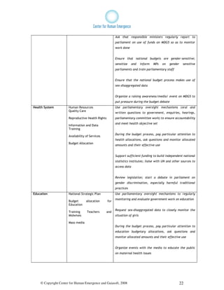 Ask that responsible ministers regularly report to
                                                         parliament on use of funds on MDG5 so as to monitor
                                                         work done


                                                         Ensure that national budgets are gender-sensitive;
                                                         sensitize     and    inform   MPs   on   gender    sensitive
                                                         parliaments and train parliamentary staff


                                                         Ensure that the national budget process makes use of
                                                         sex-disaggregated data


                                                         Organize a raising awareness/media/ event on MDG5 to
                                                         put pressure during the budget debate
Health System         Human Resources                    Use parliamentary oversight mechanisms (oral and
                      Quality Care
                                                         written questions to government, enquiries, hearings,
                      Reproductive Health Rights         parliamentary committee work) to ensure accountability
                                                         and meet health objective set
                      Information and Data
                      Training
                                                         During the budget process, pay particular attention to
                      Availability of Services
                                                         health allocations, ask questions and monitor allocated
                      Budget Allocation
                                                         amounts and their effective use


                                                         Support sufficient funding to build independent national
                                                         statistics institutes; liaise with UN and other sources to
                                                         access data


                                                         Review legislation; start a debate in parliament on
                                                         gender discrimination, especially harmful traditional
                                                         practices
Education             National Strategic Plan            Use parliamentary oversight mechanisms to regularly
                                                         monitoring and evaluate government work on education
                      Budget       allocation      for
                      Education
                                                         Request sex-disaggregated data to closely monitor the
                      Training     Teachers      and
                      Midwives                           situation of girls

                      Mass media
                                                         During the budget process, pay particular attention to
                                                         education budgetary allocations, ask questions and
                                                         monitor allocated amounts and their effective use


                                                         Organize events with the media to educate the public
                                                         on maternal health issues




    © Copyright Center for Human Emergence and Gaiasoft, 2008                                              22
 