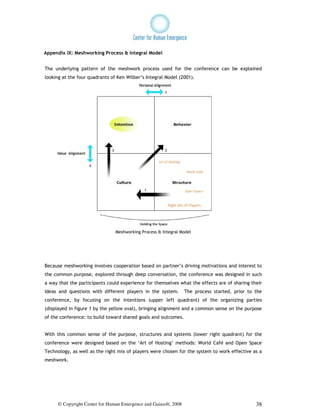 Appendix IX: Meshworking Process & Integral Model


The underlying pattern of the meshwork process used for the conference can be explained
looking at the four quadrants of Ken Wilber’s Integral Model (2001).




                                Meshworking Process & Integral Model




Because meshworking involves cooperation based on partner’s driving motivations and interest to
the common purpose, explored through deep conversation, the conference was designed in such
a way that the participants could experience for themselves what the effects are of sharing their
ideas and questions with different players in the system.         The process started, prior to the
conference, by focusing on the intentions (upper left quadrant) of the organizing parties
(displayed in figure 1 by the yellow oval), bringing alignment and a common sense on the purpose
of the conference: to build toward shared goals and outcomes.


With this common sense of the purpose, structures and systems (lower right quadrant) for the
conference were designed based on the ‘Art of Hosting’ methods: World Café and Open Space
Technology, as well as the right mix of players were chosen for the system to work effective as a
meshwork.




      © Copyright Center for Human Emergence and Gaiasoft, 2008                                 38
 