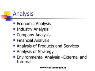 Analysis Economic Analysis Industry Analysis Company Analysis Financial Analysis Analysis of Products and Services Analysis of Strategy Environmental Analysis –External and Internal 