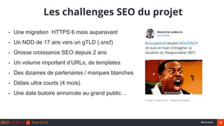 30#seocamp
Les challenges SEO du projet
- Une migration HTTPS 6 mois auparavant
- Un NDD de 17 ans vers un gTLD (.sncf)
- ...