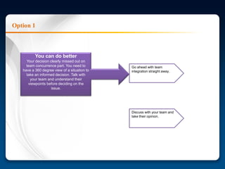 Option 1

You can do better
Your decision clearly missed out on
team concurrence part. You need to
have a 360 degree view of a situation to
take an informed decision. Talk with
your team and understand their
viewpoints before deciding on the
issue.

Go ahead with team
integration straight away.

Discuss with your team and
take their opinion.

 