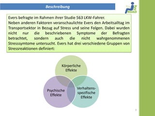 Beschreibung

Evers befragte im Rahmen ihrer Studie 563 LKW-Fahrer.
Neben anderen Faktoren veranschaulichte Evers den Arbeitsalltag im
Transportsektor in Bezug auf Stress und seine Folgen. Dabei wurden
nicht nur die beschriebenen Symptome der Befragten betrachtet,
sondern auch die nicht wahrgenommenen                Stresssymtome
untersucht. Evers hat drei verschiedene Gruppen von
Stressreaktionen definiert:


                             Körperliche
                               Effekte



                                     Verhaltens-
                     Psychische
                                     spezifische
                       Effekte
                                       Effekte


                                                                     3
 