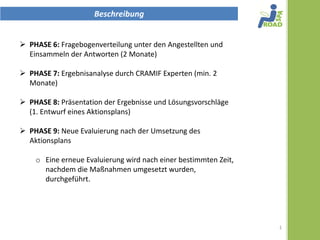 Beschreibung


 PHASE 6: Fragebogenverteilung unter den Angestellten und
  Einsammeln der Antworten ( 2 Monate )

 PHASE 7: Ergebnisanalyse durch CRAMIF Experten (min. 2
  Monate)

 PHASE 8: Präsentation der Ergebnisse und Lösungsvorschläge
  (1. Entwurf eines Aktionsplans)

 PHASE 9: Neue Evaluierung nach der Umsetzung des
  Aktionsplans

     Eine neue Evaluierung wird eine bestimmte Zeit, nachdem
      die Maßnahmen umgesetzt wurden, durchgeführt




                                                                1
 