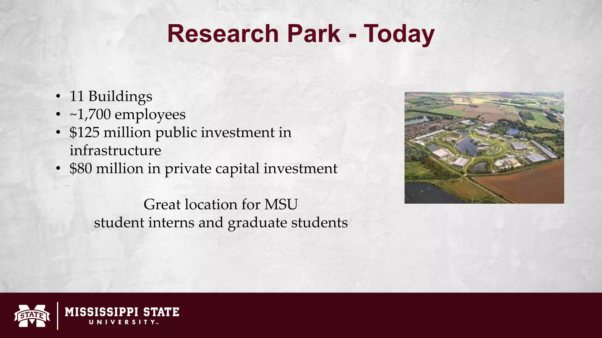 Research Park - Today
• 11 Buildings
• ~1,700 employees
• $125 million public investment in
infrastructure
• $80 million in private capital investment
Great location for MSU
student interns and graduate students
 