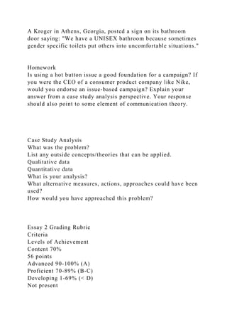 A Kroger in Athens, Georgia, posted a sign on its bathroom
door saying: "We have a UNISEX bathroom because sometimes
gender specific toilets put others into uncomfortable situations."
Homework
Is using a hot button issue a good foundation for a campaign? If
you were the CEO of a consumer product company like Nike,
would you endorse an issue-based campaign? Explain your
answer from a case study analysis perspective. Your response
should also point to some element of communication theory.
Case Study Analysis
What was the problem?
List any outside concepts/theories that can be applied.
Qualitative data
Quantitative data
What is your analysis?
What alternative measures, actions, approaches could have been
used?
How would you have approached this problem?
Essay 2 Grading Rubric
Criteria
Levels of Achievement
Content 70%
56 points
Advanced 90-100% (A)
Proficient 70-89% (B-C)
Developing 1-69% (< D)
Not present
 
