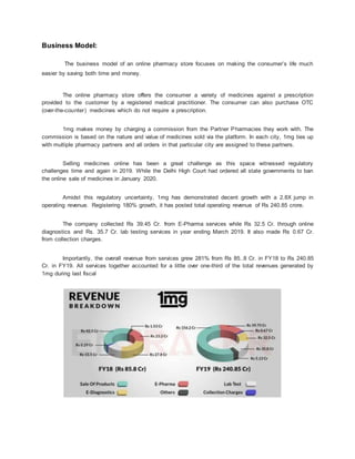 Business Model:
The business model of an online pharmacy store focuses on making the consumer’s life much
easier by saving both time and money.
The online pharmacy store offers the consumer a variety of medicines against a prescription
provided to the customer by a registered medical practitioner. The consumer can also purchase OTC
(over-the-counter) medicines which do not require a prescription.
1mg makes money by charging a commission from the Partner Pharmacies they work with. The
commission is based on the nature and value of medicines sold via the platform. In each city, 1mg ties up
with multiple pharmacy partners and all orders in that particular city are assigned to these partners.
Selling medicines online has been a great challenge as this space witnessed regulatory
challenges time and again in 2019. While the Delhi High Court had ordered all state governments to ban
the online sale of medicines in January 2020.
Amidst this regulatory uncertainty, 1mg has demonstrated decent growth with a 2.8X jump in
operating revenue. Registering 180% growth, it has posted total operating revenue of Rs 240.85 crore.
The company collected Rs 39.45 Cr. from E-Pharma services while Rs 32.5 Cr. through online
diagnostics and Rs. 35.7 Cr. lab testing services in year ending March 2019. It also made Rs 0.67 Cr.
from collection charges.
Importantly, the overall revenue from services grew 281% from Rs 85..8 Cr. in FY18 to Rs 240.85
Cr. in FY19. All services together accounted for a little over one-third of the total revenues generated by
1mg during last fiscal
 