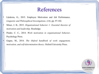 References
• Lăzăroiu, G., 2015. Employee Motivation and Job Performance.
Linguistic and Philosophical Investigations. (14). pp. 97-102.
• Miner, J. B., 2015. Organizational behavior 1: Essential theories of
motivation and leadership. Routledge.
• Pinder, C. C., 2014. Work motivation in organizational behavior.
Psychology Press.
• Gagne, M., 2014. The Oxford handbook of work engagement,
motivation, and self-determination theory. Oxford University Press.
 