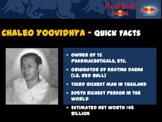 Chaleo Yoovidhya - Quick Facts

              Owner of TC
               Pharmaceuticals, etc.
              Originator ...