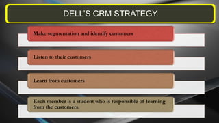 Make segmentation and identify customers
Listen to their customers
Learn from customers
Each member is a student who is responsible of learning
from the customers.
DELL’S CRM STRATEGY
 