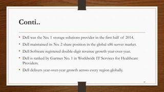 Conti..
• Dell was the No. 1 storage solutions provider in the first half of 2014.
• Dell maintained its No. 2 share position in the global x86 server market.
• Dell Software registered double-digit revenue growth year-over-year.
• Dell is ranked by Gartner No. 1 in Worldwide IT Services for Healthcare
Providers.
• Dell delivers year-over-year growth across every region globally.
82
 