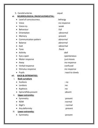 5. Carotid arteries :equal
xi. NEURROLOGICAL /MUSCULOSKELETAL:
 Level of consciousness :lethargy
 Voice :no response
 Voice cry :weak
 Behaviour :full
 Orientation :abnormal
 Memory :present
 Communication pattern :abnormal
 Balance :abnormal
 Gait :abnormal
 Tone :flacid
 Activity :doll
 Eye;s open :spontaneous
 Motor response :justmoves
 Away :no response
 Verbal response :confused
 Stimulus response :no response
 Pupils :react to slowly
xii. BACK& EXTREMITIES:
i. Back curvature
 Scoliosis : no
 Lordosis :no
 Kyphosis :no
 Spina bifida present :absent
ii. Upper extremity:
 Symmetry :present
 ROM :normal
 Digit’s : normal
 Any deformity :present
iii. Lower extremity:
 Symmetry :present
 
