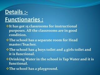 Details :-
Functionaries :
It has got 15 classrooms for instructional
purposes. All the classrooms are in good
condition.
The school has a separate room for Head
master/Teacher.
The school has 4 boys toilet and 4 girls toilet and
it is functional.
Drinking Water in the school is Tap Water and it is
functional.
The school has a playground.
 