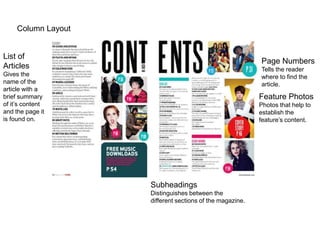 Column Layout


List of
                                                           Page Numbers
Articles                                                   Tells the reader
Gives the                                                  where to find the
name of the                                                article.
article with a
brief summary                                              Feature Photos
of it’s content                                            Photos that help to
and the page it                                            establish the
is found on.                                               feature’s content.




                     Subheadings
                     Distinguishes between the
                     different sections of the magazine.
 