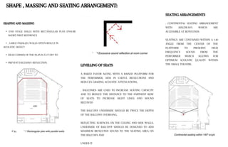 SHAPING AND MASSING
• END STAGE HALLS WITH RECTANGULAR PLAN ENSURE
SHORT FIRST REFERENCE
• . LARGE PARALLEL WALLS OFTEN RESULT IN
ACOUSTIC DEFECT
• DEAD CORNER OF THE PLAN IS CUT OFF TO
• PREVENT EXCESSIVE REFLECTION.
LEVELLING OF SEATS
A RAKED FLOOR ALONG WITH A RAISED PLATFORM FOR
THE PERFORMER, AIDS IN USEFUL REFLECTIONS AND
REDUCES GRAZING ACOUSTIC ATTENUATIONS.
. BALCONIES ARE USED TO INCREASE SEATING CAPACITY
AND TO REDUCE THE DISTANCE TO THE FARTHEST ROW
OF SEATS TO INCREASE SIGHT LINES AND SOUND
RECEIVED
THE BALCONY UNDERSIDE SHOULD BE TWICE THE DEPTH
OF THE BALCONY OVERHANG.
REFLECTING SURFACES ON THE CEILING AND SIDE WALLS,
UNDERSIDE OF BALCONY SHOULD BE DESIGNED TO ADD
MAXIMUM REFLECTED SOUND TO THE SEATING AREA ON
THE BALCONY AND
UNDER IT
SEATING ARRANGEMENTS
. CONTINENTAL SEATING ARRANGEMENT
WITH AISLEWAYS WHICH ARE
ACCESSIBLE AT BOTH ENDS
SEATINGS ARE CONTAINED WITHIN A 140
ANGLE FROM THE CENTER OF THE
PLATFORM TO PRESERVE HIGH
FREQUENCY SOUND FROM THE
PERFORMER WHICH ALLOWS FOR
OPTIMUM ACOUSTIC QUALITY WITHIN
THE SMALL THEATRE.
SHAPE , MASSING AND SEATING ARRANGEMENT:
 