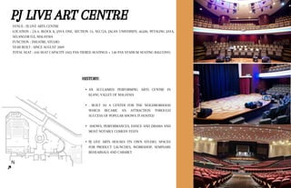 PJ LIVE ART CENTRE
VENUE : PJ LIVE ARTS CENTRE
LOCATION : 2A-3, BLOCK K, JAYA ONE, SECTION 13, NO.72A, JALAN UNIVERSITI, 46200, PETALING JAYA,
SELANGOR D.E, MALAYSIA
FUNCTION : THEATRE, STUDIO
YEAR BUILT : SINCE AUGUST 2009
TOTAL SEAT : 450 SEAT CAPACITY (302 PAX-TIERED SEATINGS + 148 PAX STADIUM SEATING BALCONY)
HISTORY:
• AN ACCLAIMED PERFORMING ARTS CENTRE IN
KLANG VALLEY OF MALAYSIA
• . BUILT AS A CENTER FOR THE NEIGHBORHOOD
WHICH BECAME AN ATTRACTION THROUGH
SUCCESS OF POPULAR SHOWS IT HOSTED
• SHOWS, PERFORMANCES, DANCE AND DRAMA AND
MOST NOTABLY COMEDY FESTS
• PJ LIVE ARTS HOUSES ITS OWN STUDIO, SPACES
FOR PRODUCT LAUNCHES, WORKSHOP, SEMINARS
REHEARSALS AND CABARET
N
 
