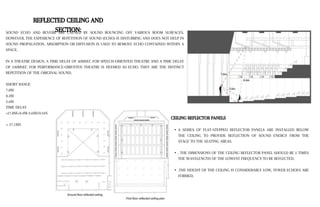 CEILING REFLECTOR PANELS
• A SERIES OF FLAT-STEPPED REFLECTOR PANELS ARE INSTALLED BELOW
THE CEILING TO PROVIDE REFLECTION OF SOUND ENERGY FROM THE
STAGE TO THE SEATING AREAS.
• . THE DIMENSIONS OF THE CEILING REFLECTOR PANEL SHOULD BE 5 TIMES
THE WAVELENGTH OF THE LOWEST FREQUENCY TO BE REFLECTED.
• .THE HEIGHT OF THE CEILING IS CONSIDERABLY LOW, FEWER ECHOES ARE
FORMED,
SOUND ECHO AND REVERB ARE CAUSED BY SOUND BOUNCING OFF VARIOUS ROOM SURFACES.
HOWEVER, THE EXPERIENCE OF REPETITION OF SOUND (ECHO) IS DISTURBING AND DOES NOT HELP IN
SOUND PROPAGATION. ABSORPTION OR DIFFUSION IS USED TO REMOVE ECHO CONTAINED WITHIN A
SPACE.
IN A THEATRE DESIGN, A TIME DELAY OF 40MSEC FOR SPEECH-ORIENTED THEATRE AND A TIME DELAY
OF 100MSEC FOR PERFORMANCE-ORIENTED THEATRE IS DEEMED AS ECHO. THEY ARE THE DISTINCT
REPETITION OF THE ORIGINAL SOUND.
SHORT RANGE
7.8M
8.4M
3.6M
TIME DELAY
=(7.8M+8.4M-3.6M)/0.34S
= 37.1MS
REFLECTED CEILING AND
SECTION:
 